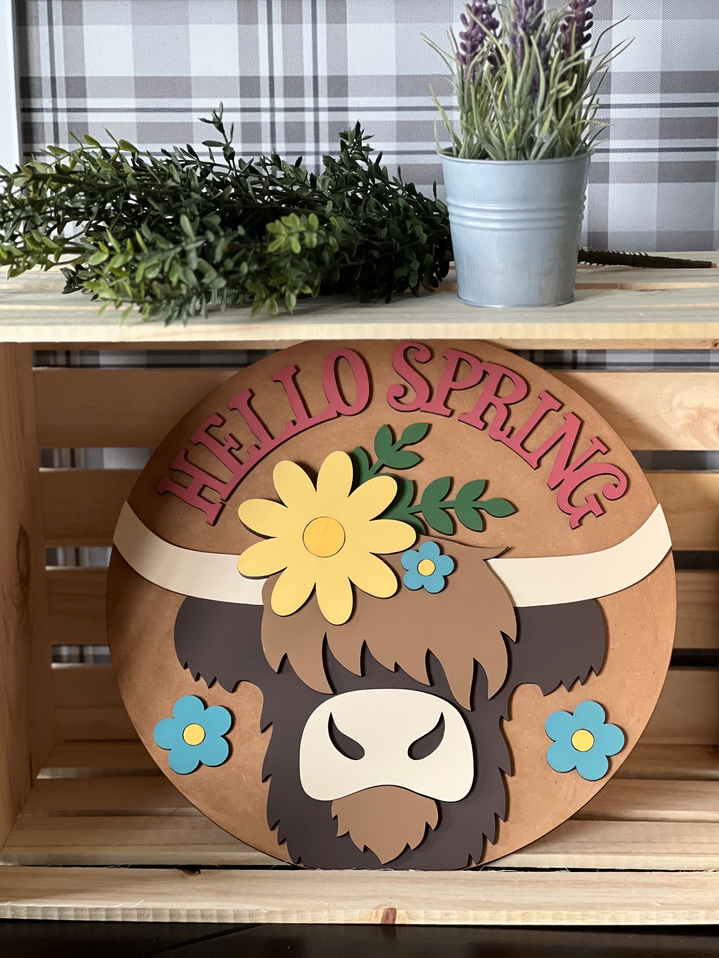 Hello Spring with Highland Cow Door Hanger